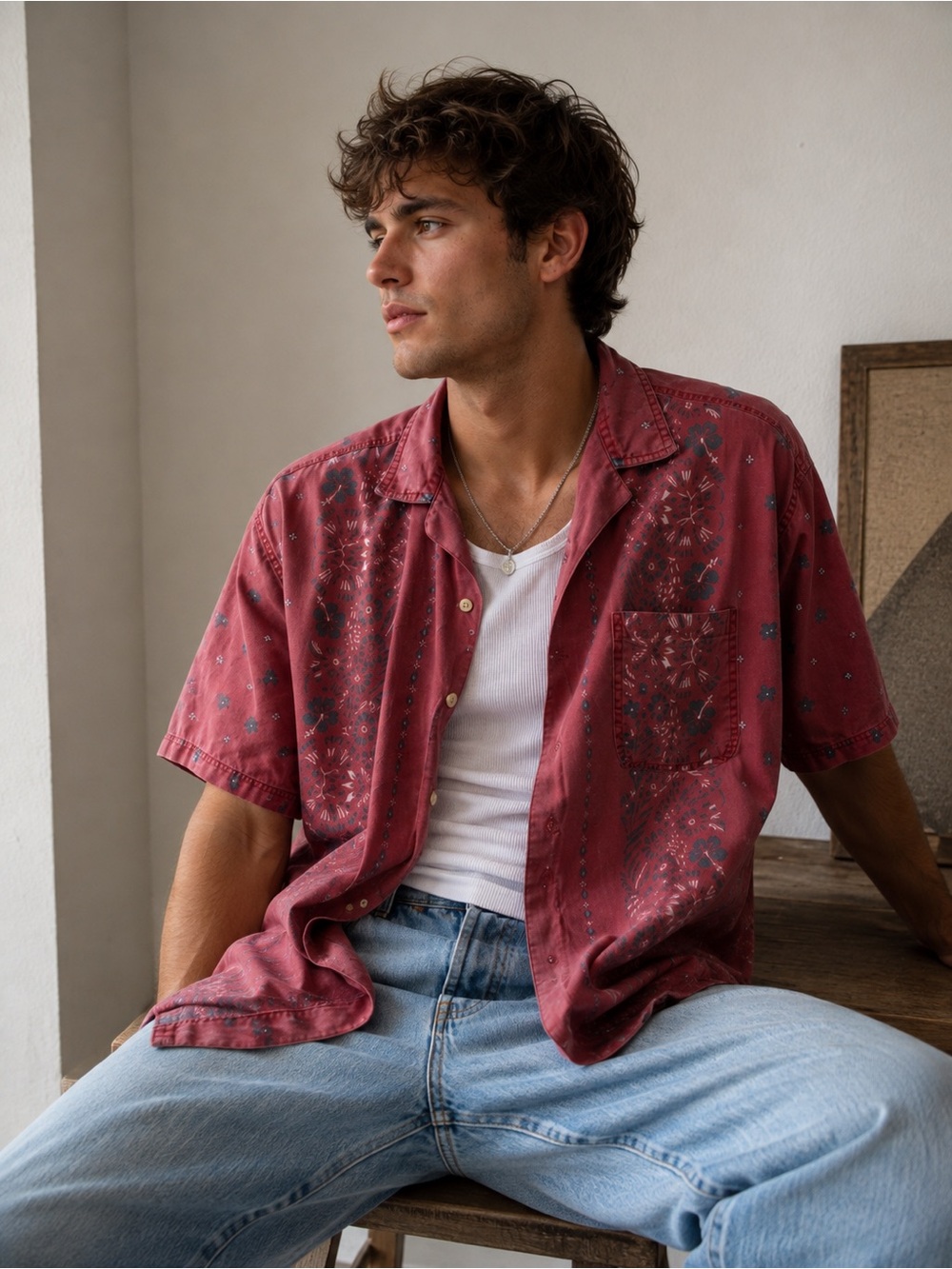Chaps Ralph Lauren Mens Large Red Floral Paisley Short Sleeve Button Down Shirt